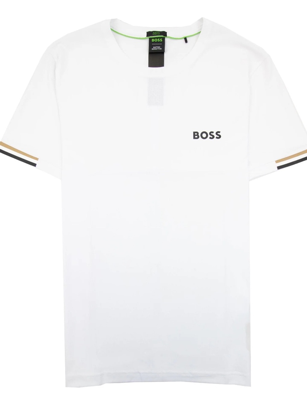 BOSS White Short-Sleeve Tee with Black and Gold Sleeve Stripes